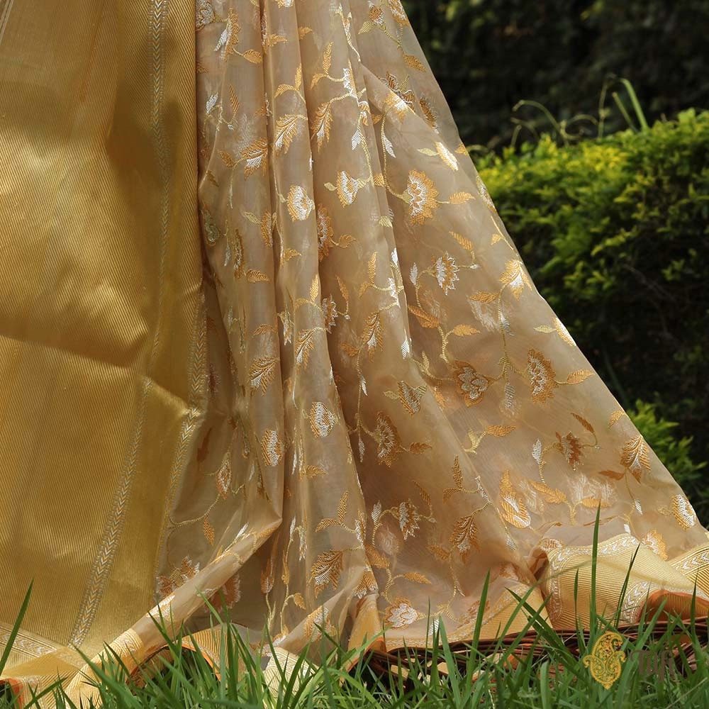 Beige Pure Kora Silk Handwoven Kadwa Banarasi Saree