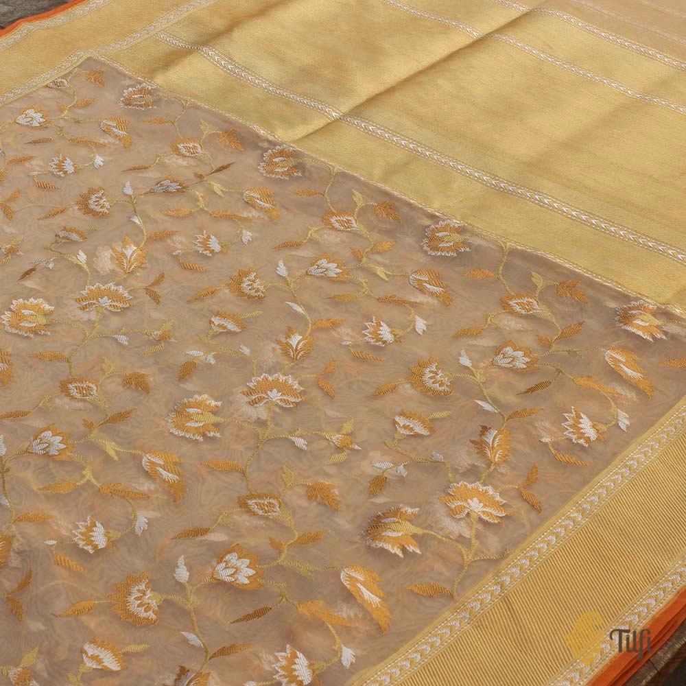 Beige Pure Kora Silk Handwoven Kadwa Banarasi Saree