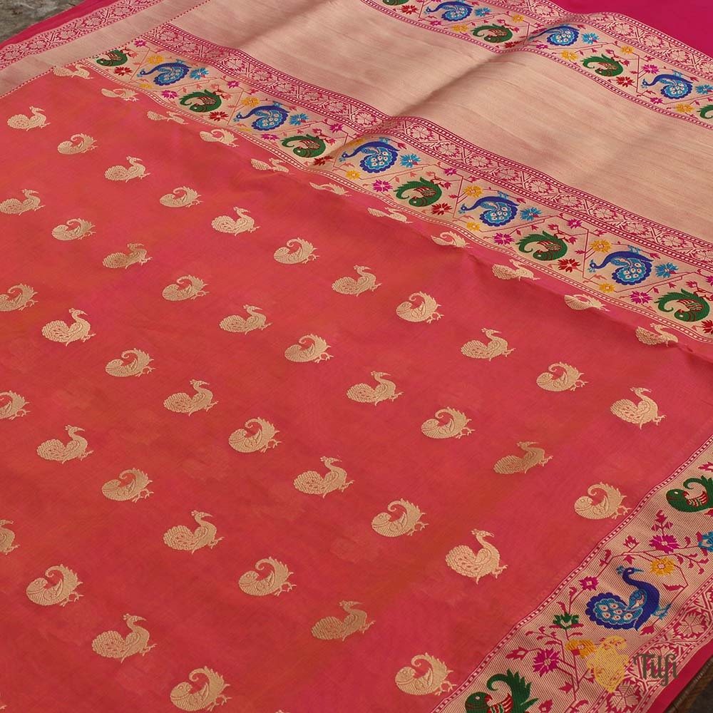 Orange-Gulabi Pink Pure Kora Silk Banarasi Paithani Handloom Saree