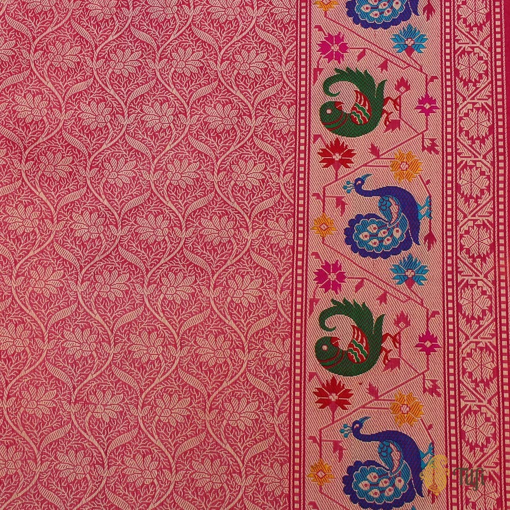 Orange-Gulabi Pink Pure Kora Silk Banarasi Paithani Handloom Saree