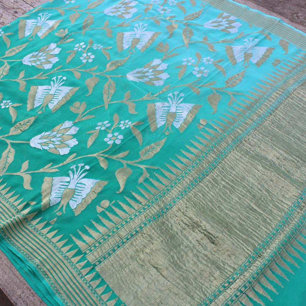 Turquoise Green Pure Chiffon Georgette Banarasi Handloom Saree