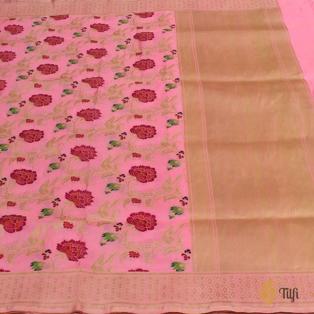 Ivory-Light Pink Pure Katan Silk Banarasi Handloom Saree