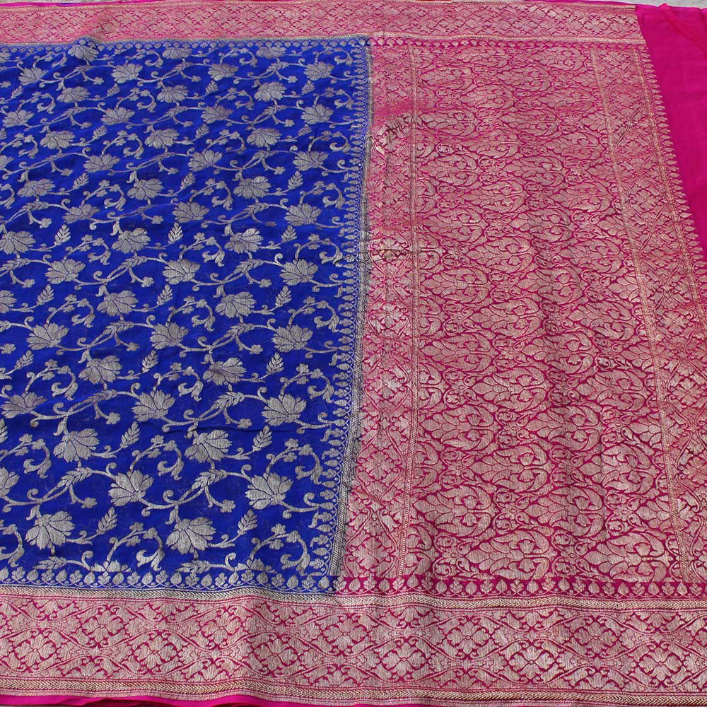 Blue-Pink Pure Chiffon Georgette Banarasi Handloom Saree