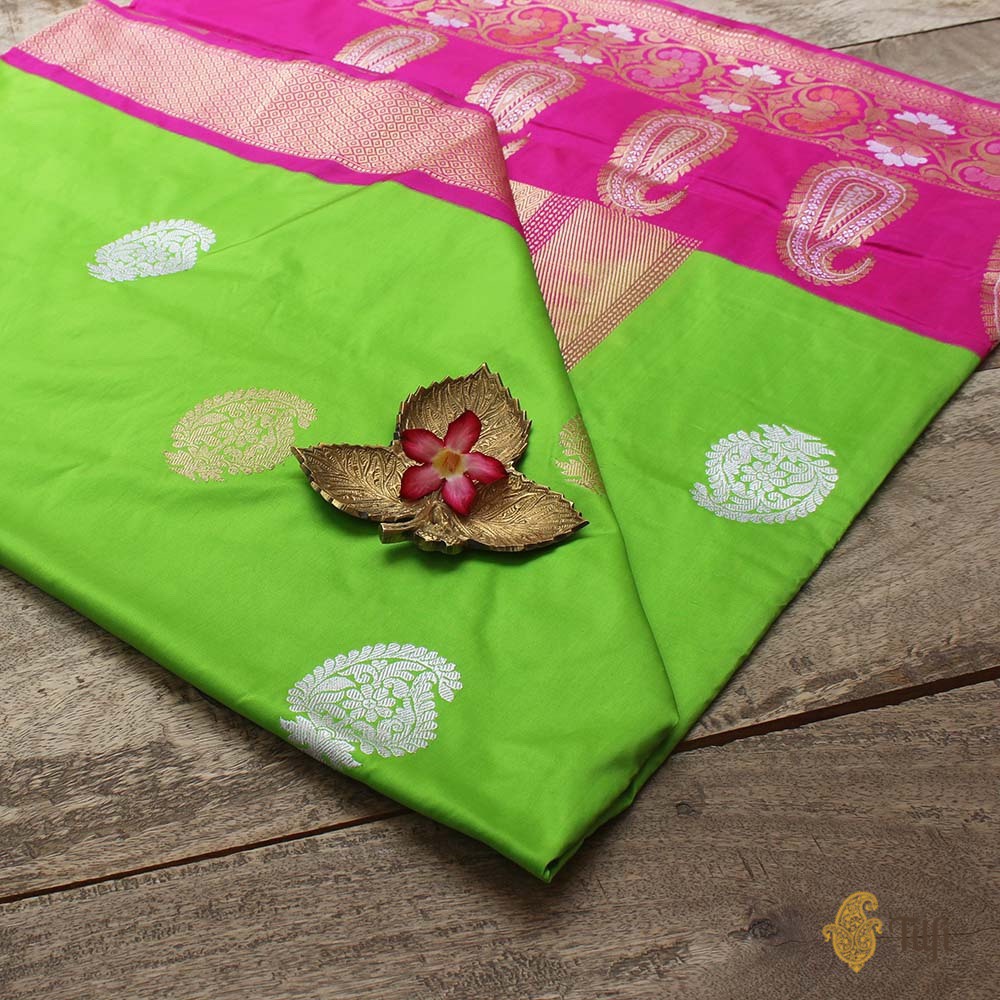 Parrot Green-Rani Pink Pure Katan Silk Banarasi Handloom Saree