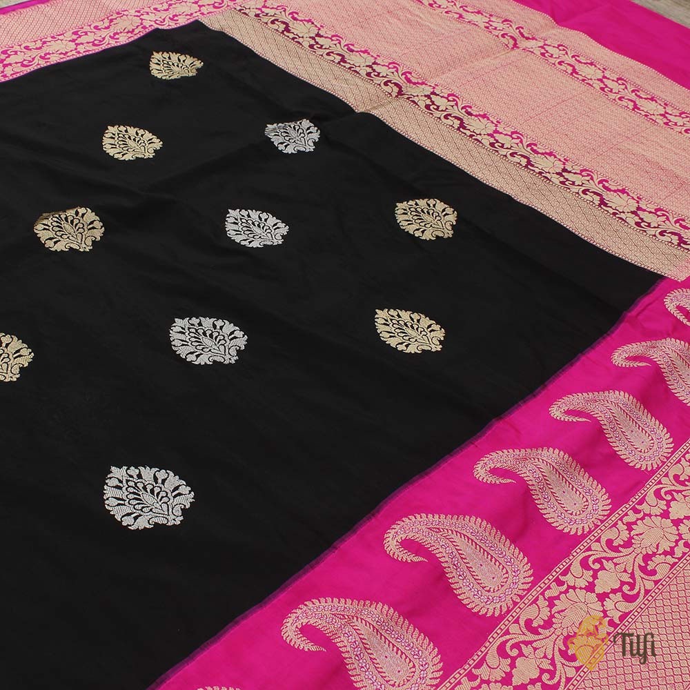 Black-Rani Pink Pure Katan Silk Banarasi Handloom Saree
