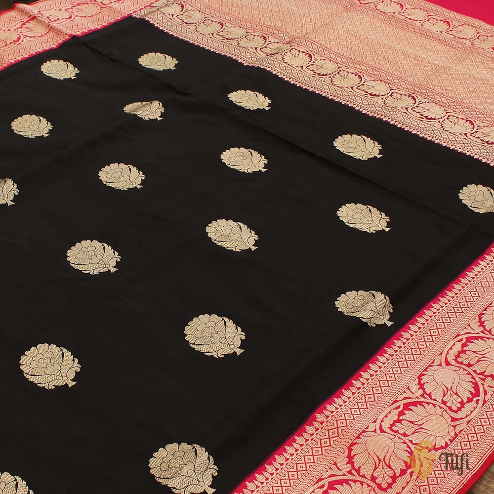 Black-Red Pure Katan Silk Banarasi Handloom Saree