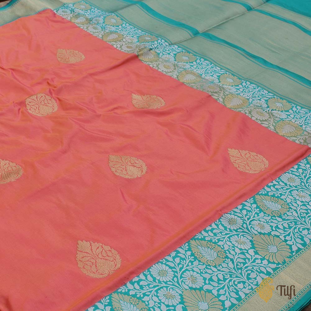 Light Orange-Gulabi Pink &amp; Ferozi Blue Pure Katan Silk Banarasi Handloom Saree