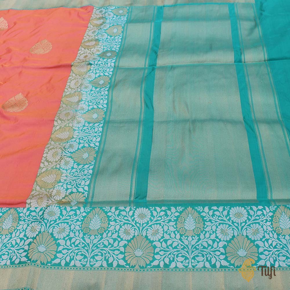 Light Orange-Gulabi Pink &amp; Ferozi Blue Pure Katan Silk Banarasi Handloom Saree