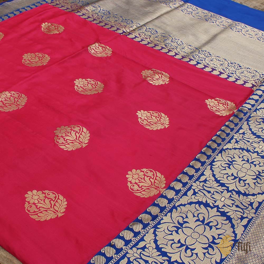 Red-Gulabi Pink and Royal Blue Pure Katan Silk Banarasi Handloom Saree