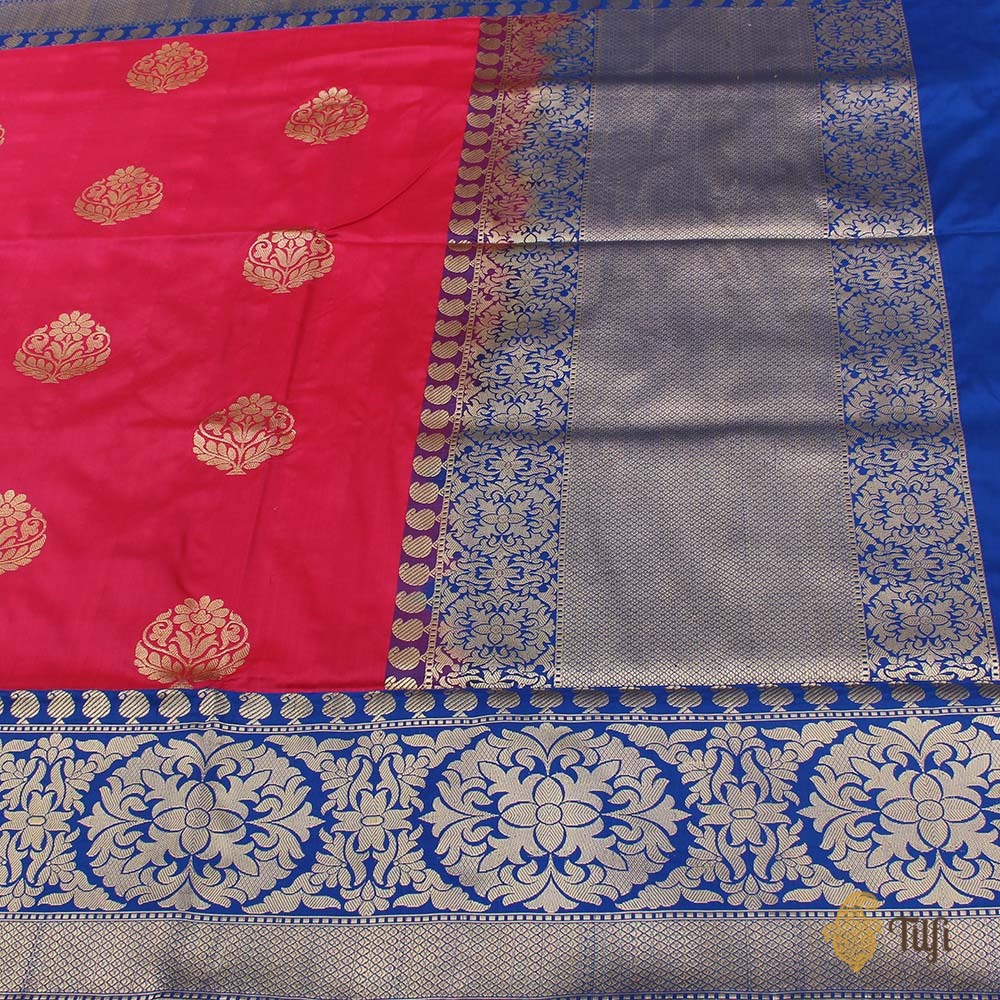 Red-Gulabi Pink and Royal Blue Pure Katan Silk Banarasi Handloom Saree