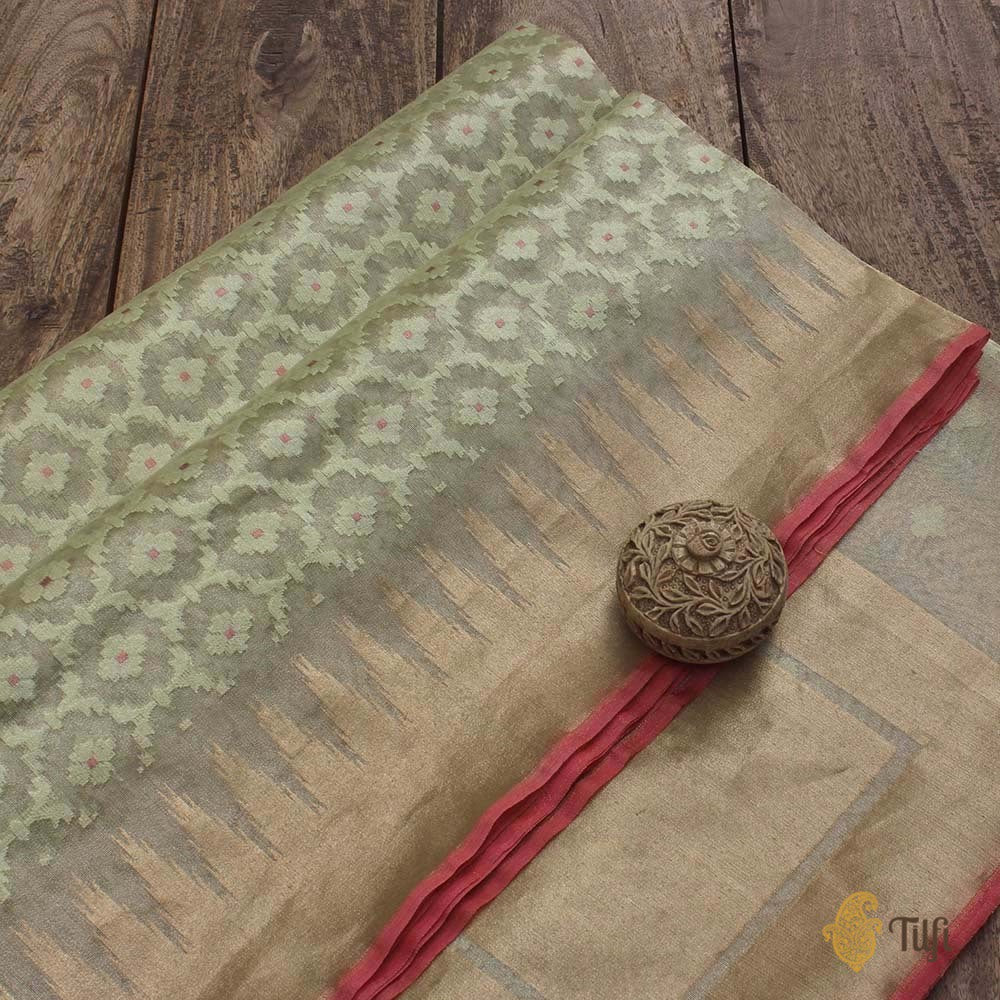 Light Sage Green Pure Kora Silk Tissue Net Banarasi Handloom Saree