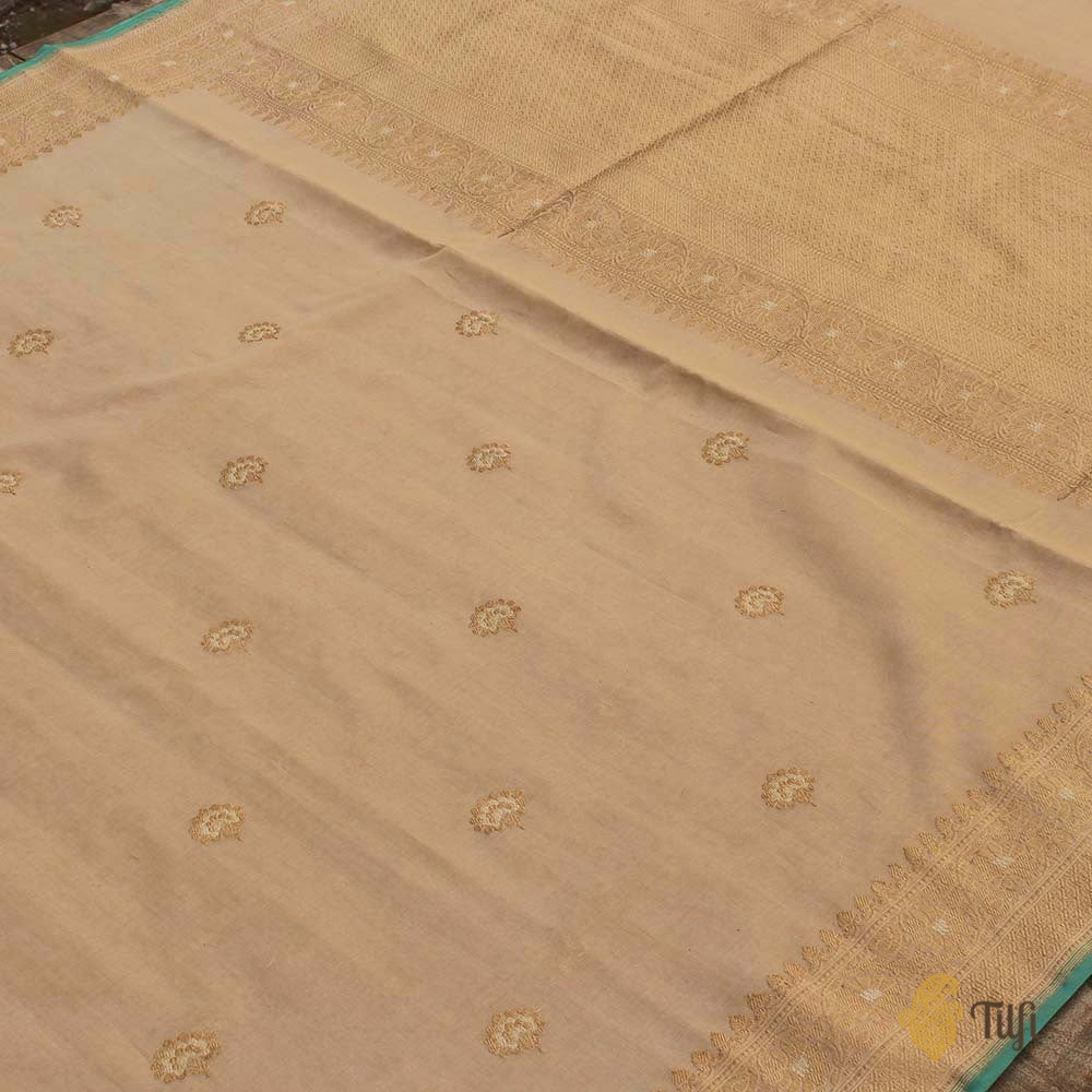 Beige Pure Kora Silk by Cotton Handloom Banarasi Saree