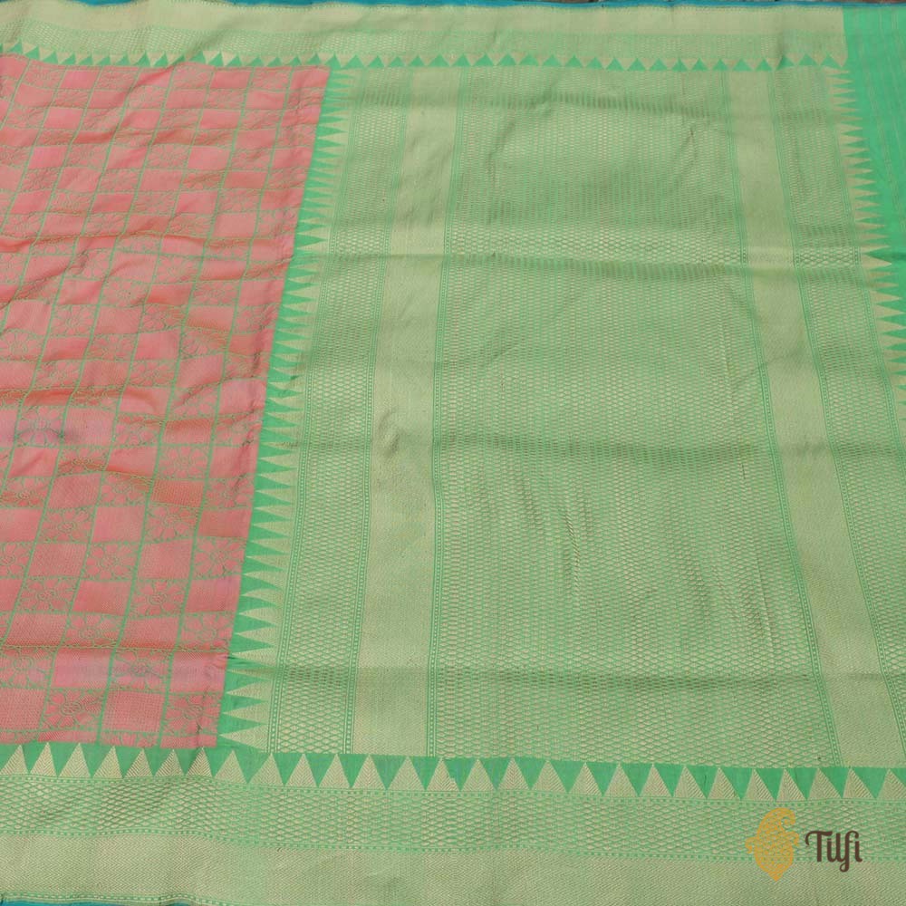 Green-Coral Pink Peach Pure Katan Silk Banarasi Handloom Saree