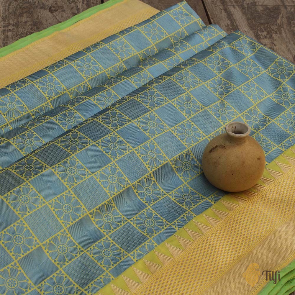 Yellow-Bluish Grey Pure Katan Silk Banarasi Handloom Saree