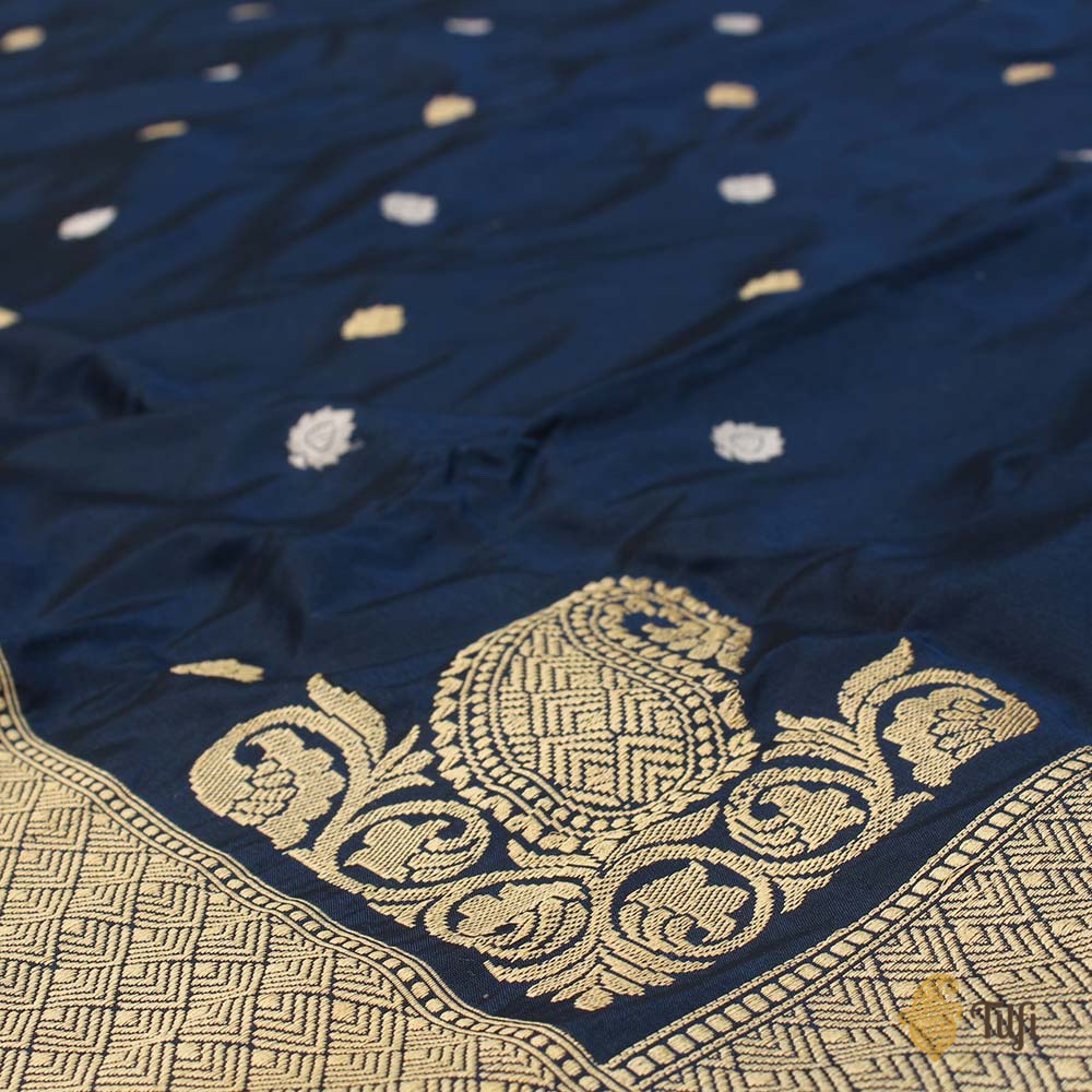 Black-Navy Blue Pure Katan Silk Banarasi Handloom Saree
