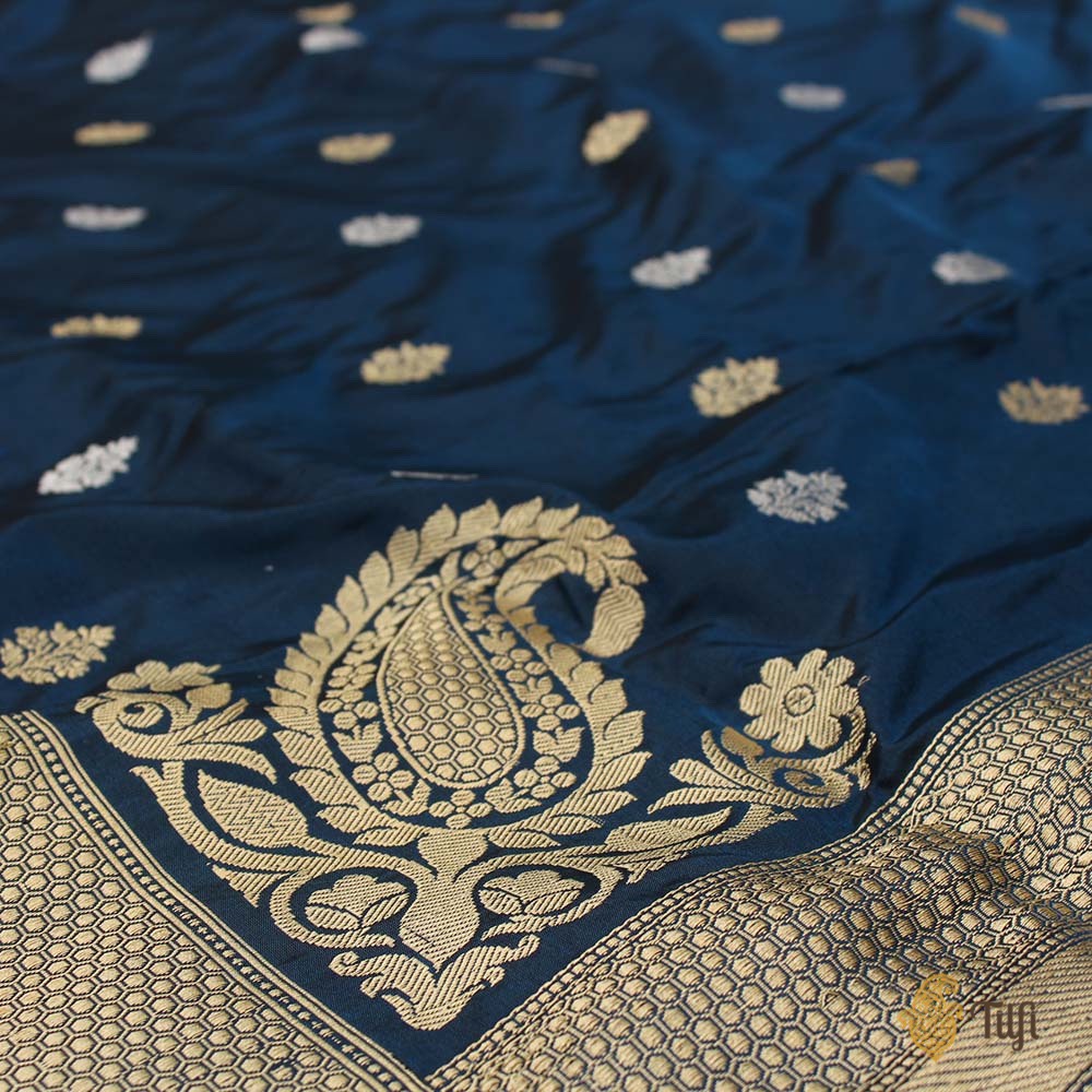 Peacock Blue-Black Pure Katan Silk Banarasi Handloom Saree