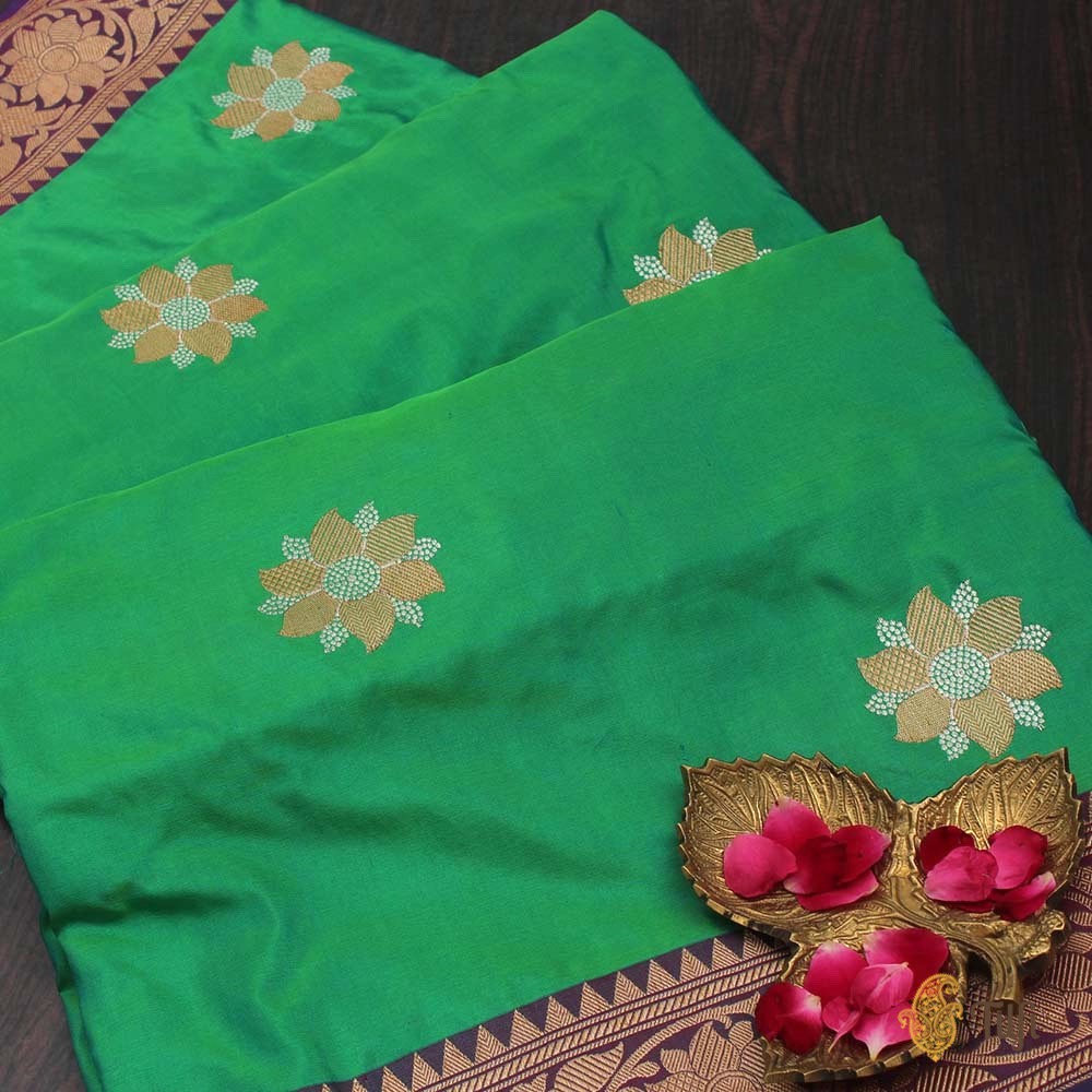 Parrot Green-Blue Pure Katan Silk Handloom Banarasi Saree