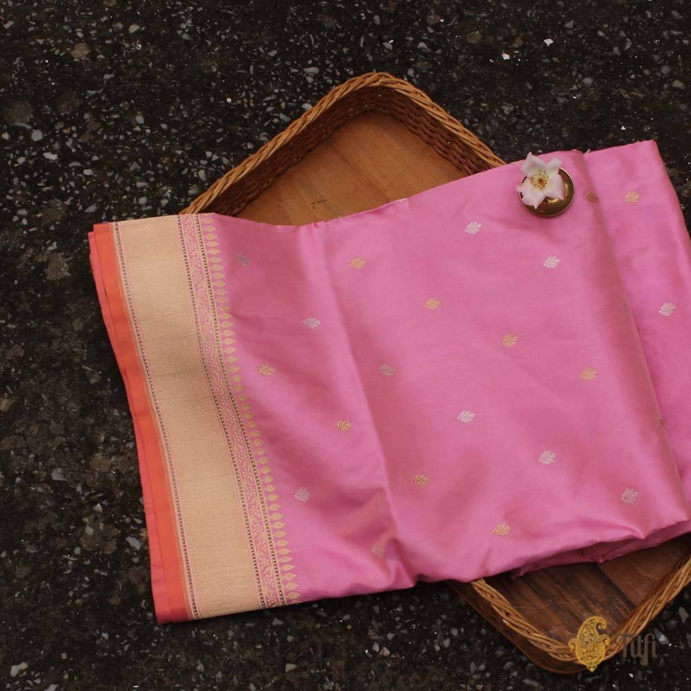 Ivory-Pink Pure Katan Silk Handloom Banarasi Saree