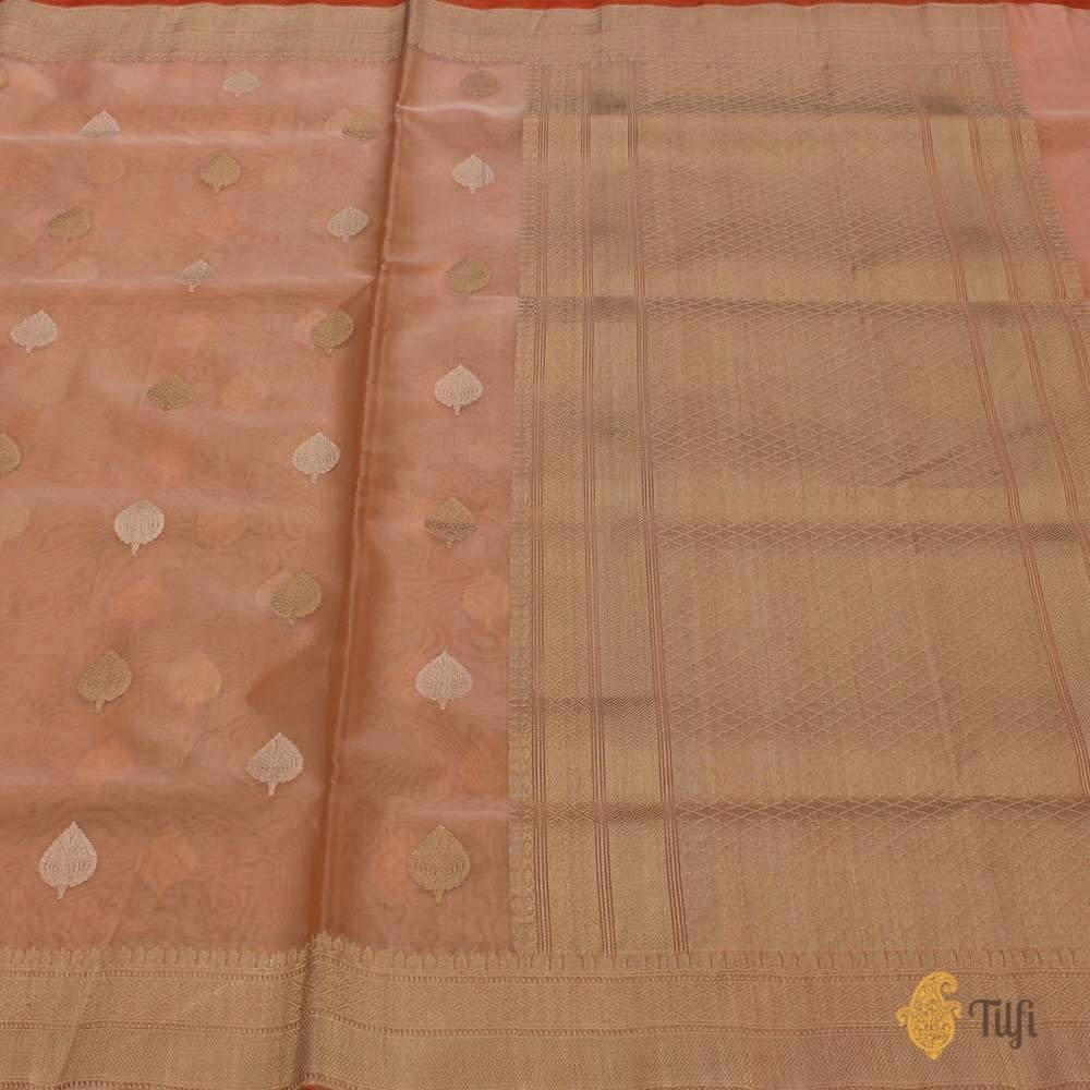 Off-White - Peach Pure Kora Silk Handwoven Banarasi Saree