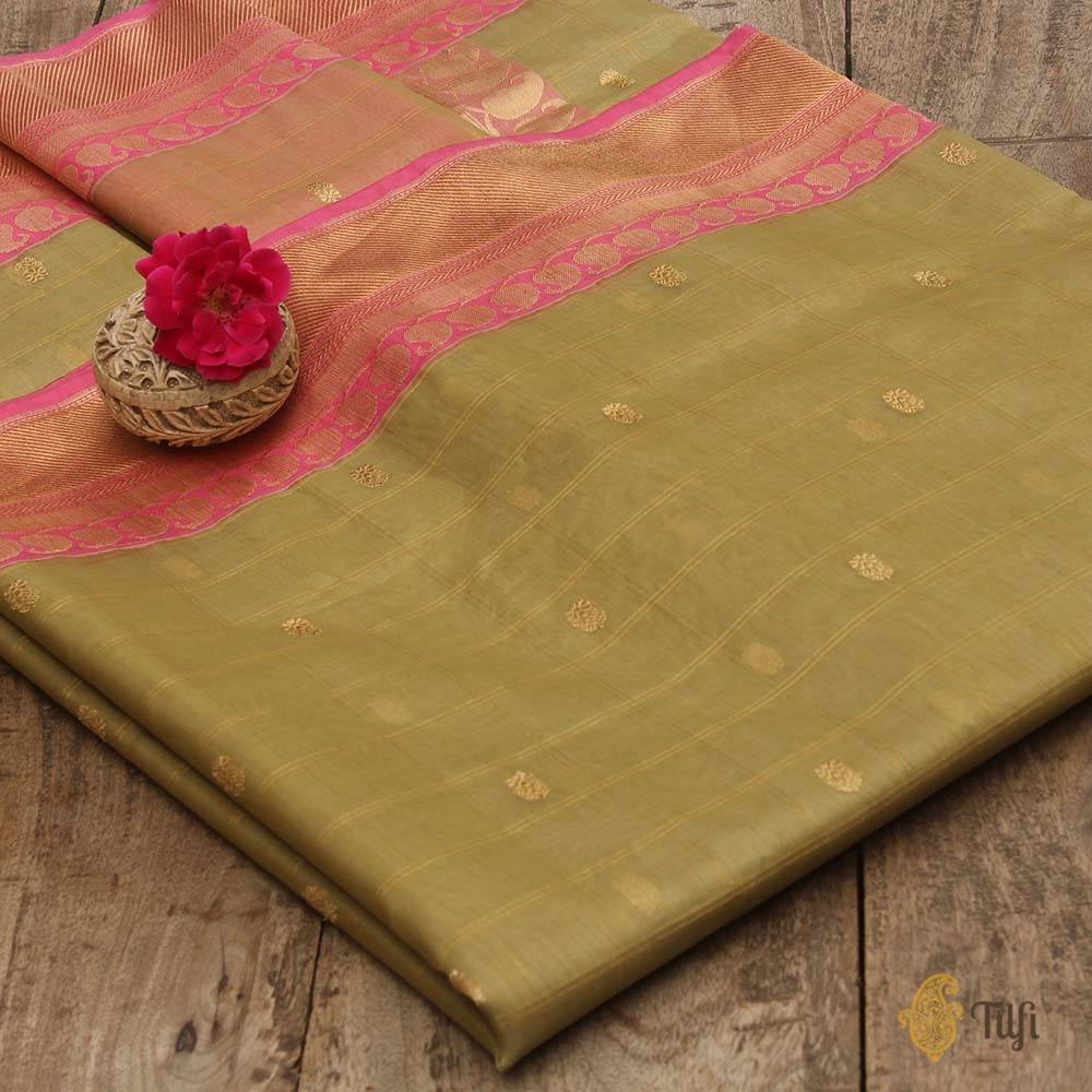 Sage Green-Pink Pure Kora Silk Banarasi Kadiyal Handloom Saree