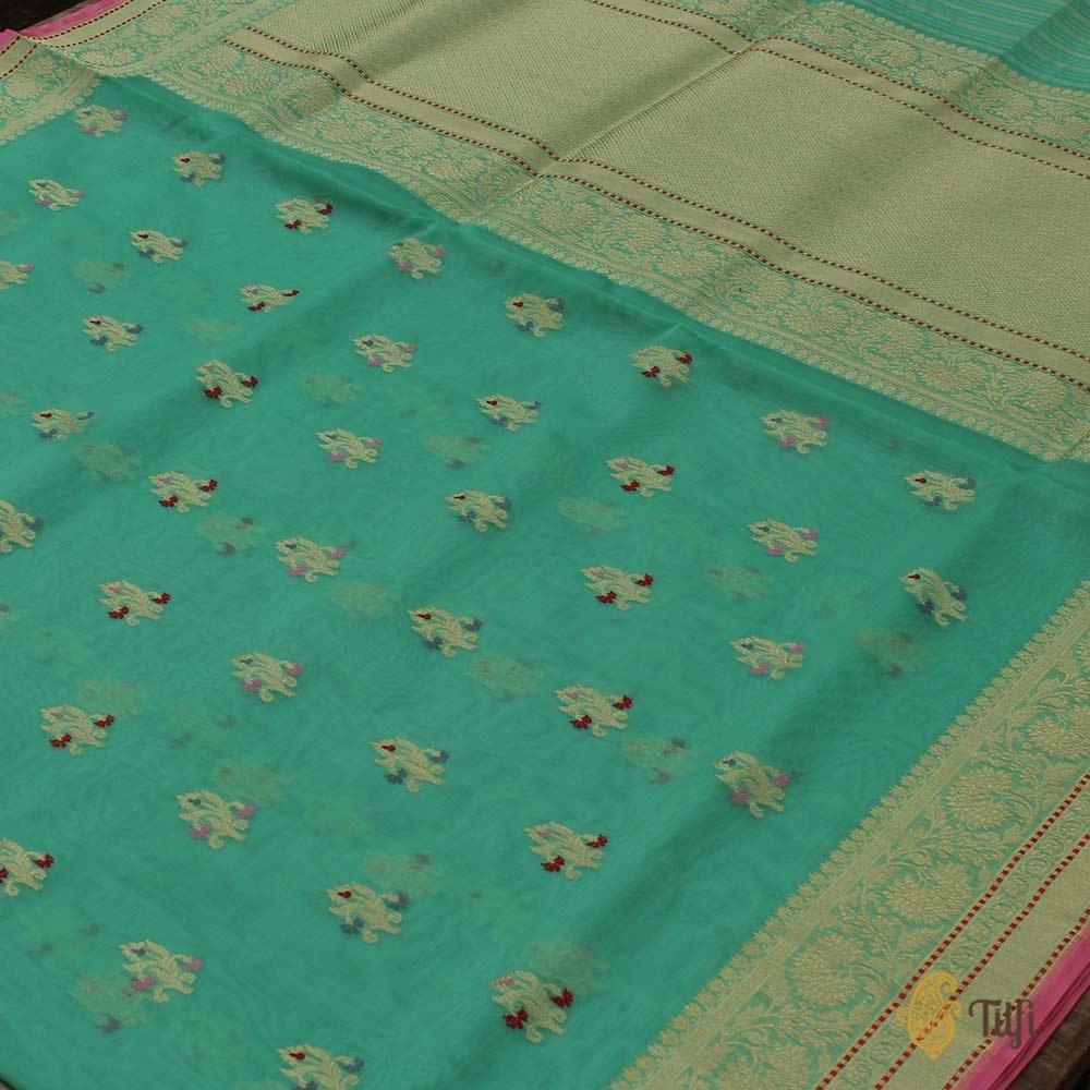 Turquoise Pure Kora Silk Banarasi Handloom Saree
