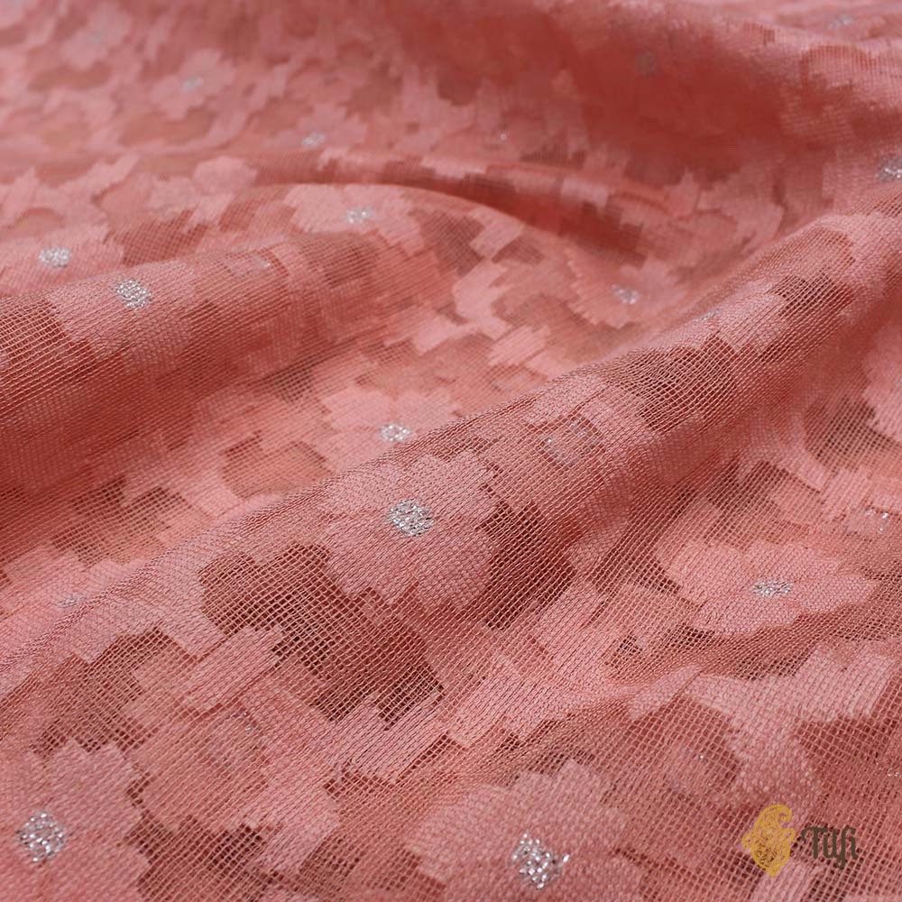 Coral Pink Pure Kora Silk Net Banarasi Handloom Saree