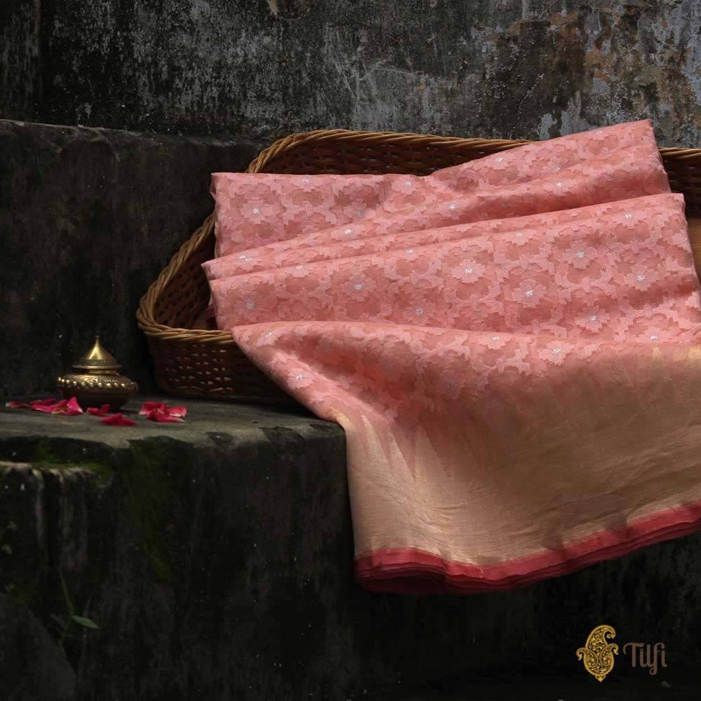 Coral Pink Pure Kora Silk Net Banarasi Handloom Saree