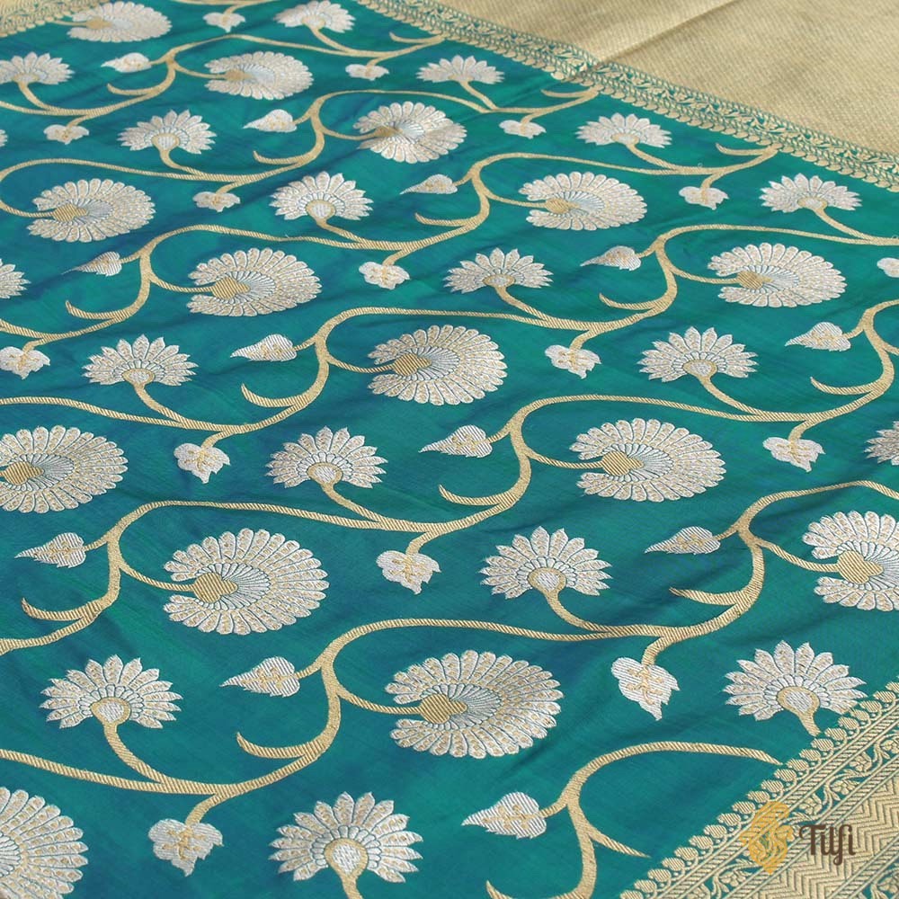 Blue-Green Pure Katan Silk Banarasi Handloom Saree