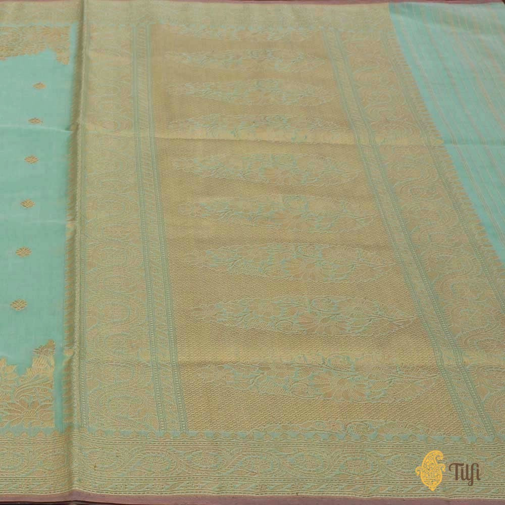 Light Aqua Blue Pure Kora Silk by Cotton Banarasi Handloom Saree