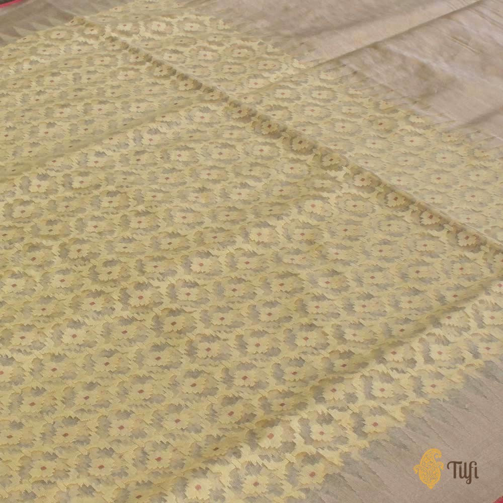 Mint Yellow Pure Kora Silk Tissue Net Banarasi Handloom Saree