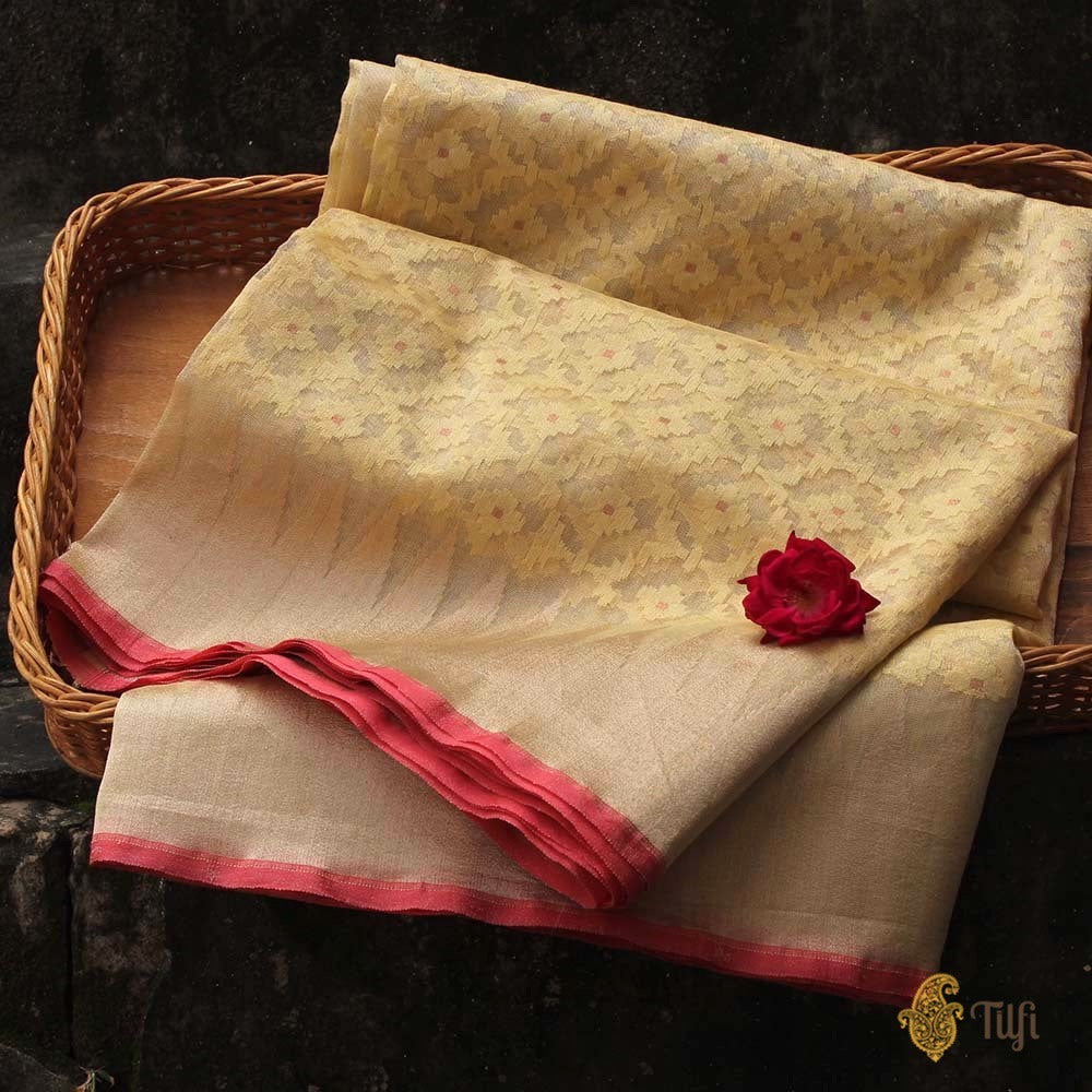 Mint Yellow Pure Kora Silk Tissue Net Banarasi Handloom Saree