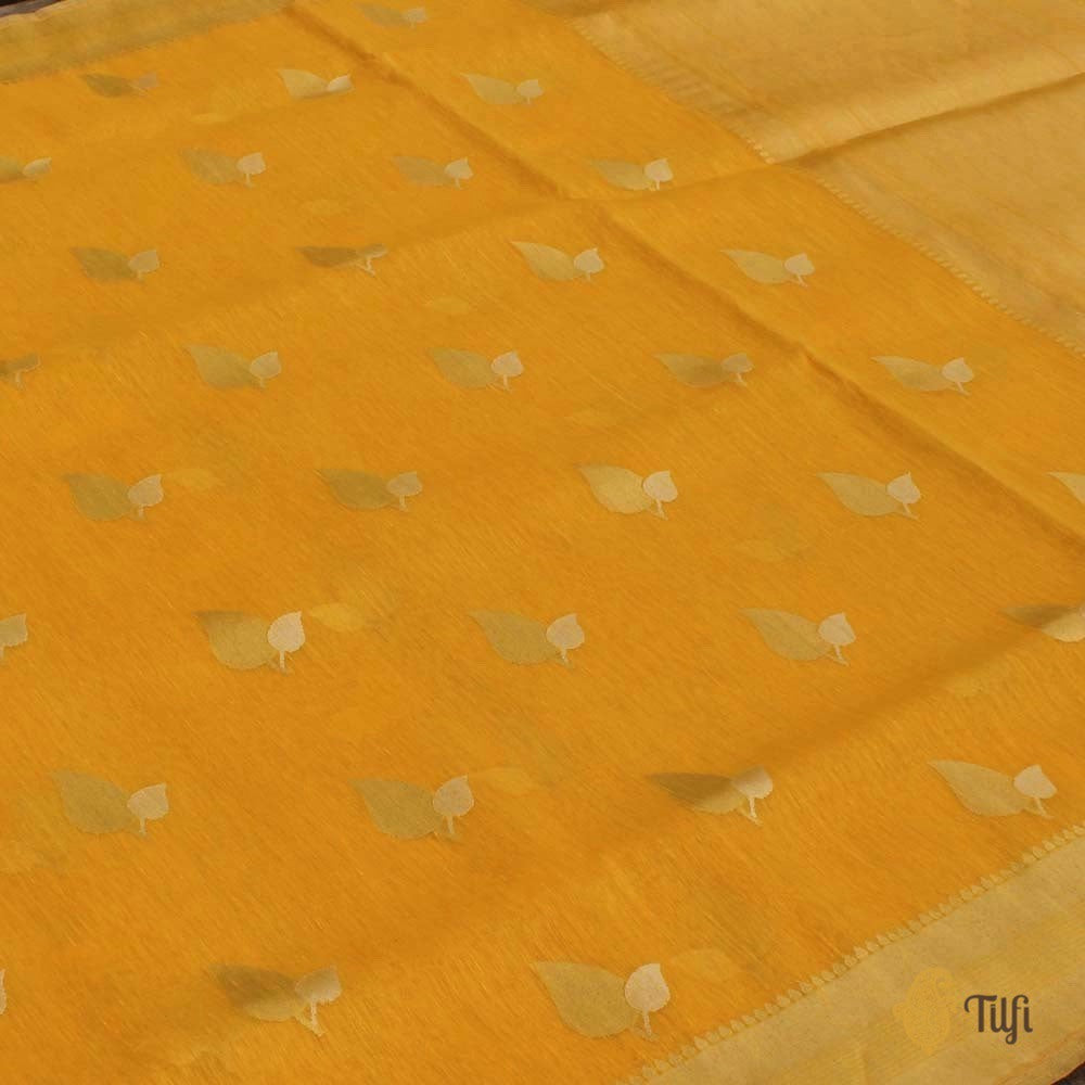 Yellow Pure Kora Silk Linen Banarasi Handloom Saree