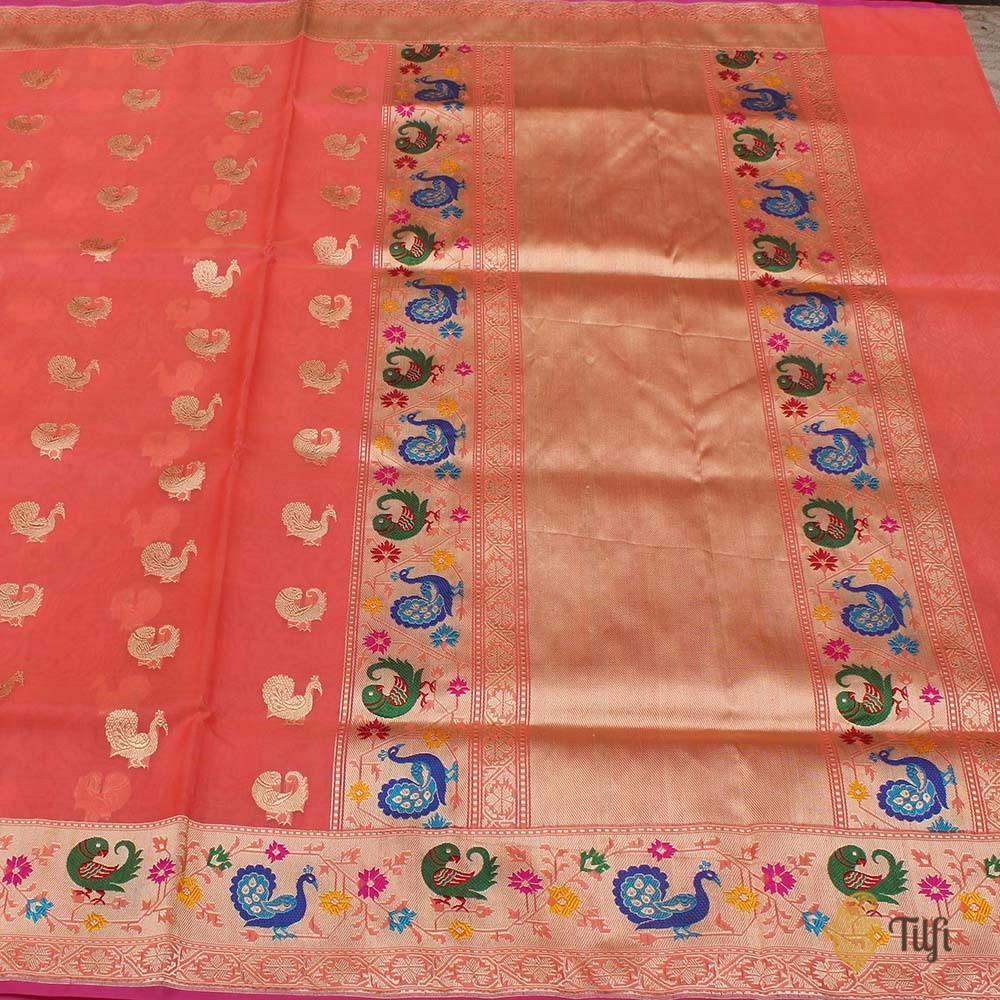 Peach-Coral Pink Pure Kora Silk Banarasi Paithani Handloom Saree