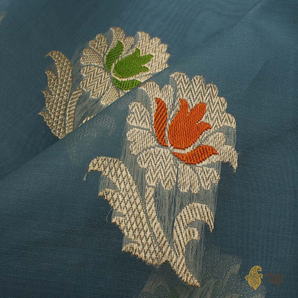 Blue-Grey Pure Kora Silk Banarasi Handloom Saree