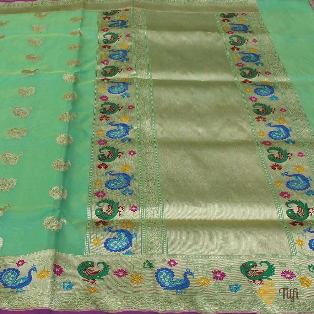 Yellow-Sea Green Pure Kora Silk Banarasi Paithani Handloom Saree