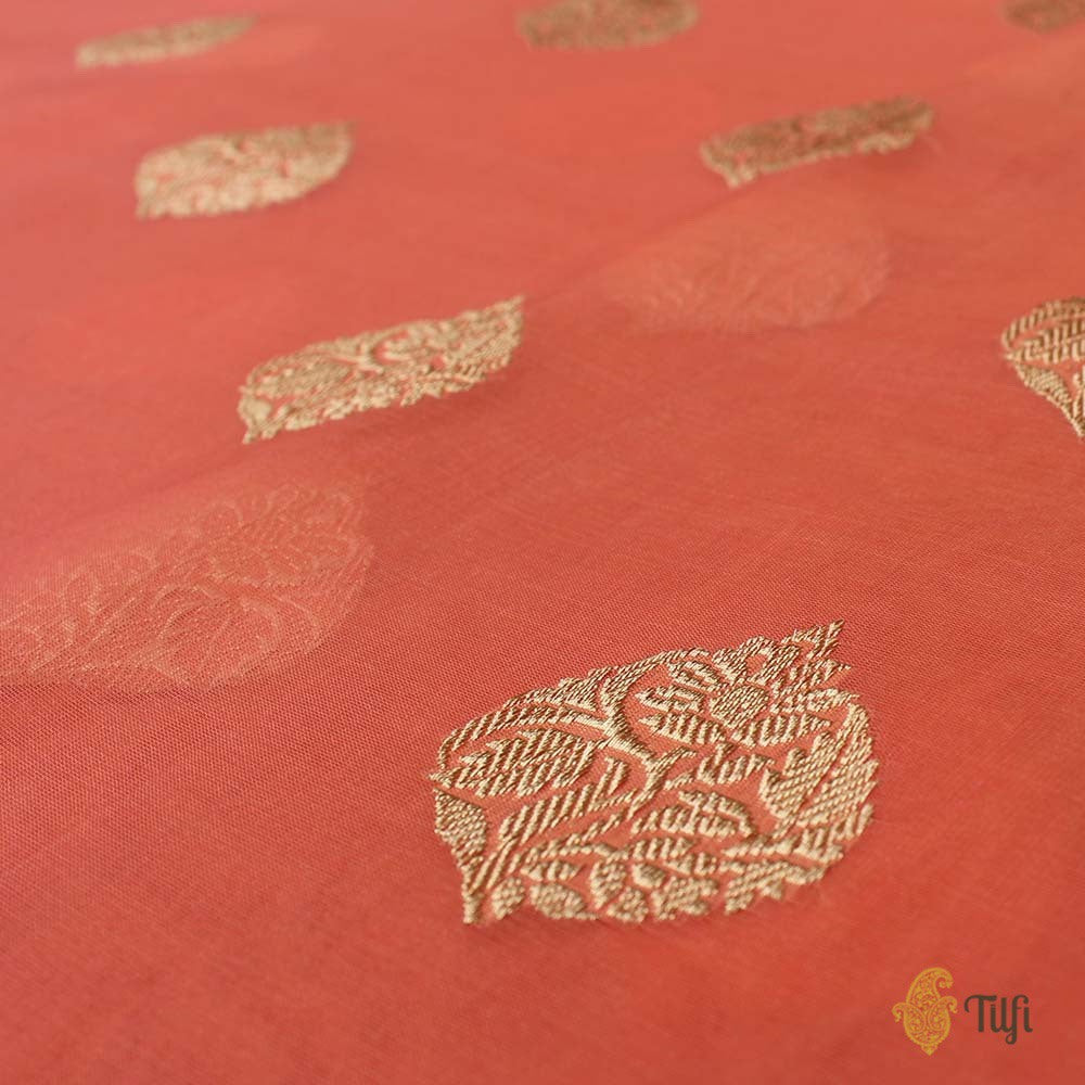 Light Orange-Coral Pink Pure Kora Silk Banarasi Handloom Saree