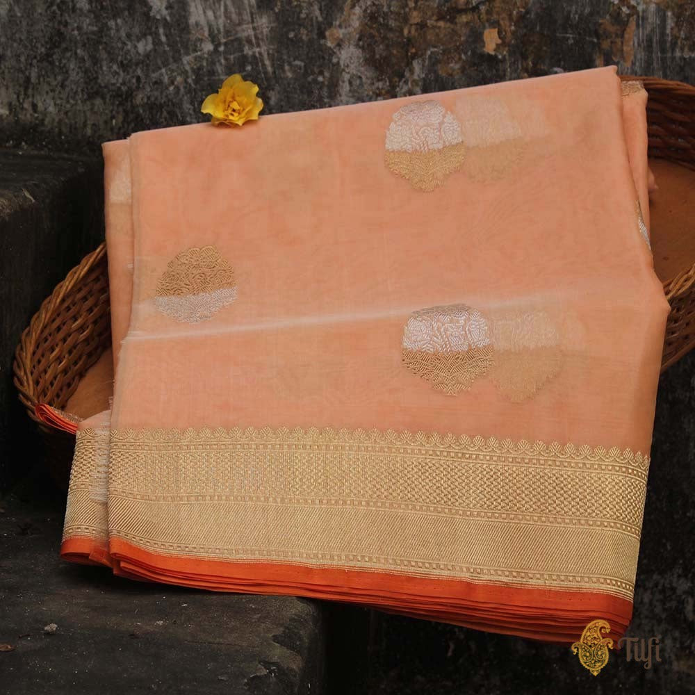 Light Peach Pure Kora Silk Banarasi Handloom Saree