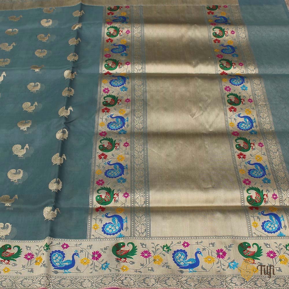Blueish-Grey Pure Kora Silk Banarasi Paithani Handloom Saree