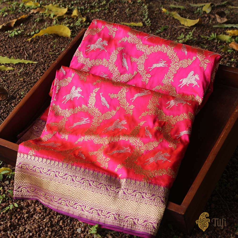 Orange-Pink Pure Katan Silk Banarasi Handloom Shikaargah Saree