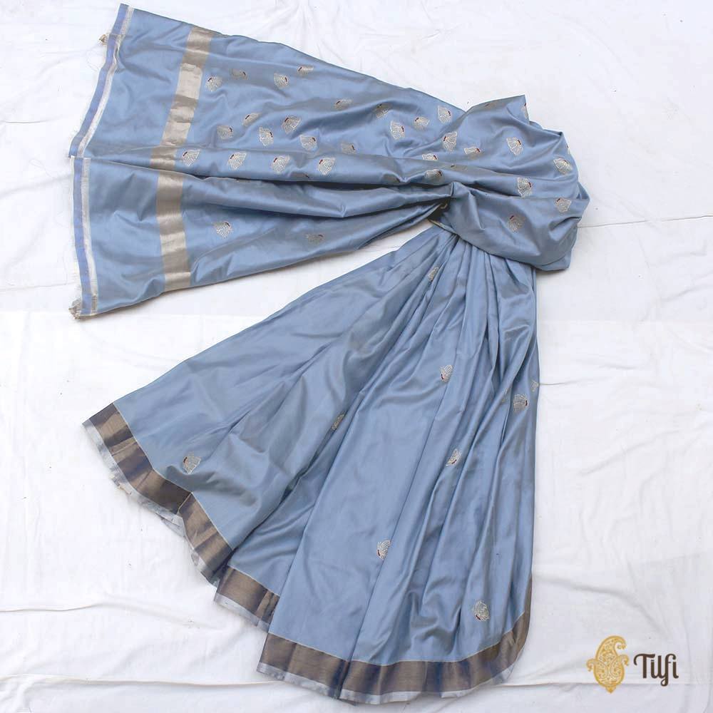 Off-White-Denim Blue Pure Katan Silk &amp; Cotton Banarasi Handloom Saree