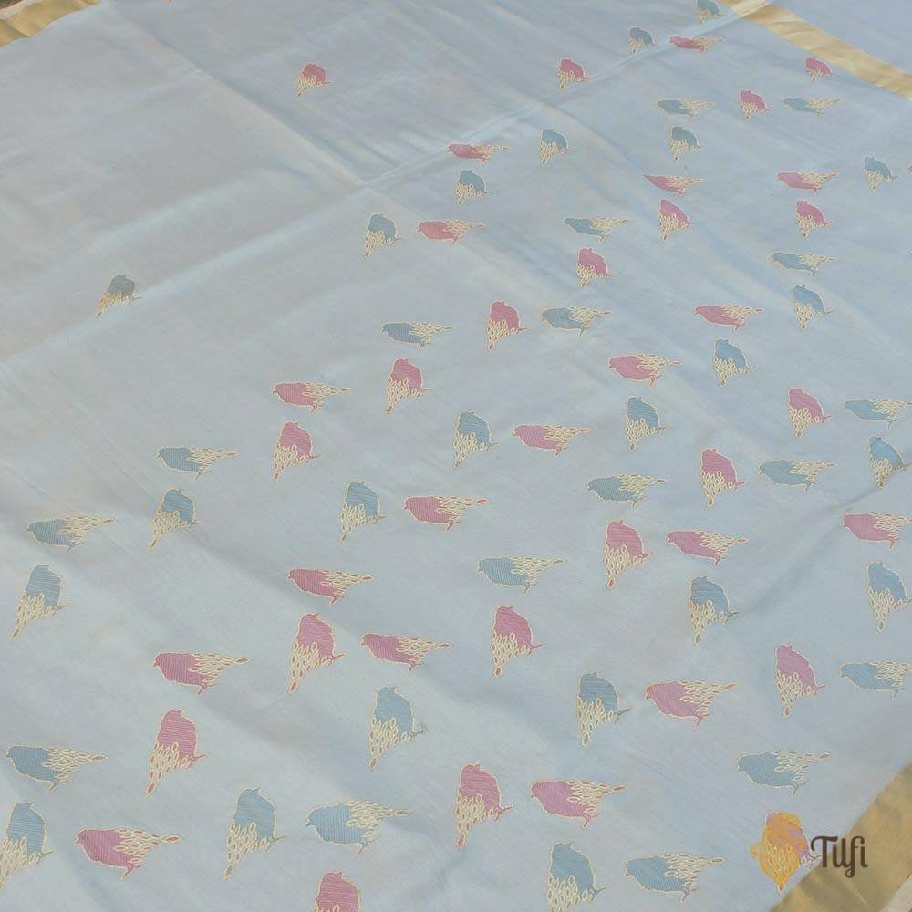 &#39;Gupshup&#39; Ice Blue Denim Pure Katan Silk Cotton Banarasi Handloom Saree