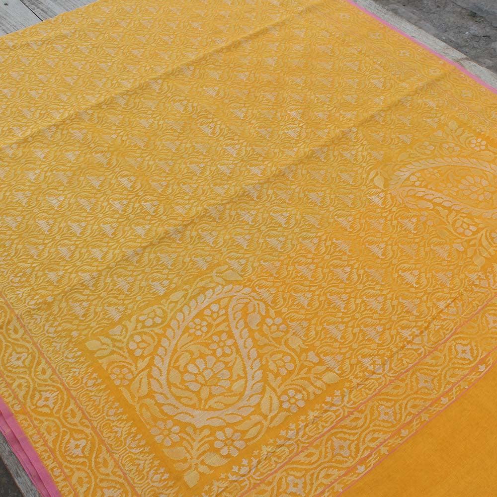 Yellow Pure Cotton Real Zari Banarasi Handloom Saree