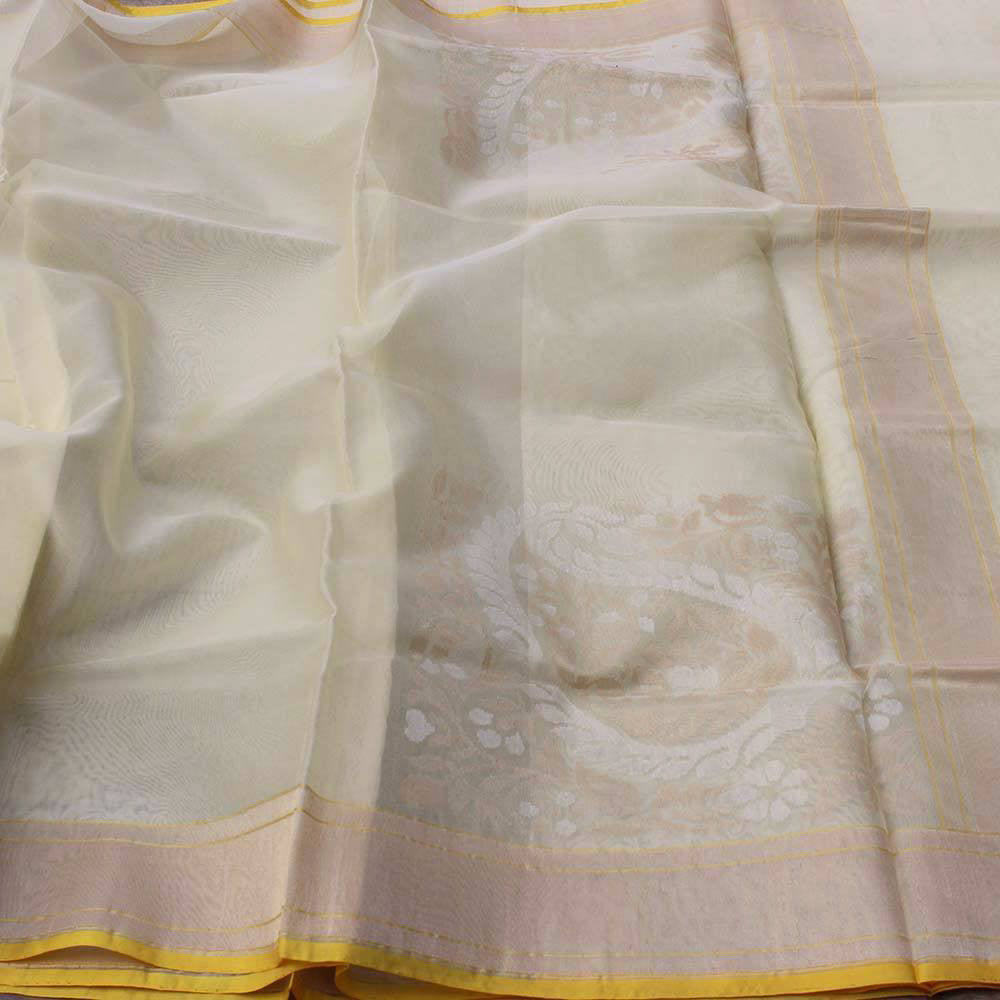 Cream Pure Kora Silk Real Zari Banarasi Handloom Saree