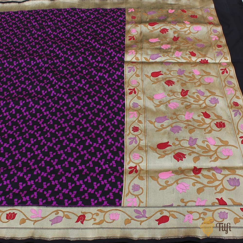 Black-Magenta Pure Katan Silk Handwoven Banarasi Saree