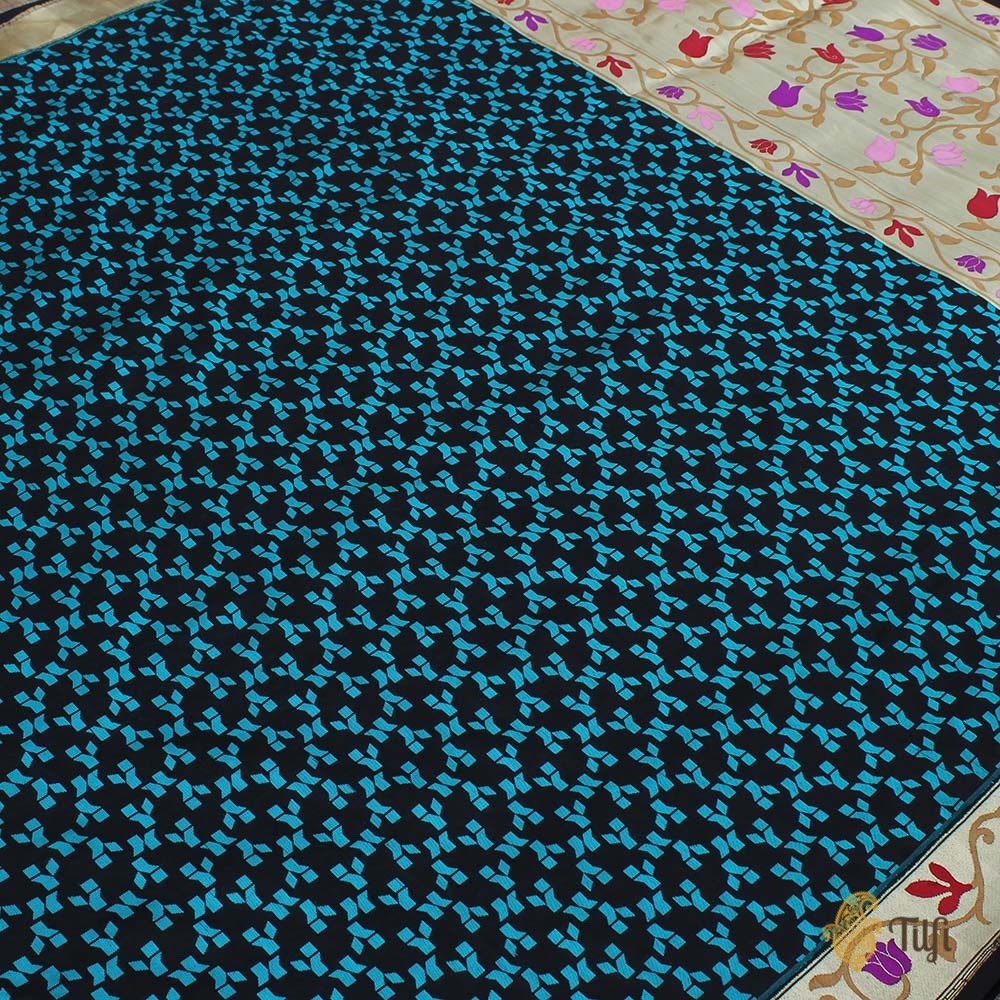 Black-Peacock Blue Pure Katan Silk Handwoven Banarasi Saree