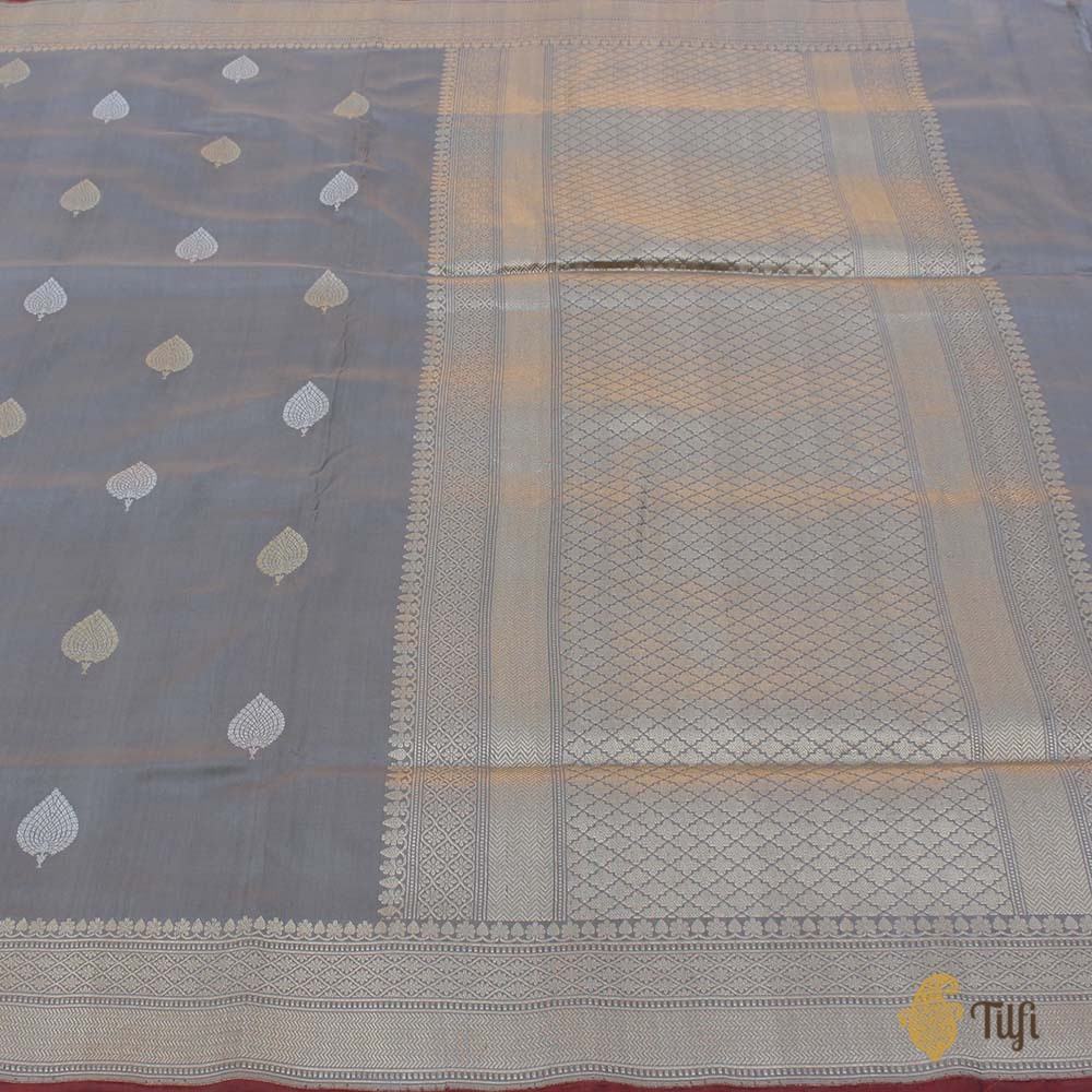 Grey Blue Pure Katan Silk Handloom Banarasi Saree