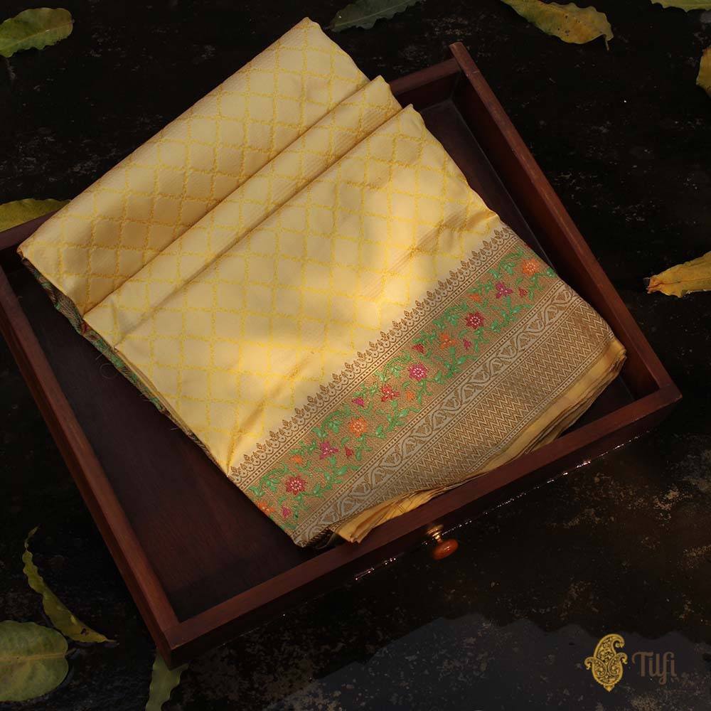 Cream-Mint Yellow Pure Katan Silk Banarasi Handloom Saree
