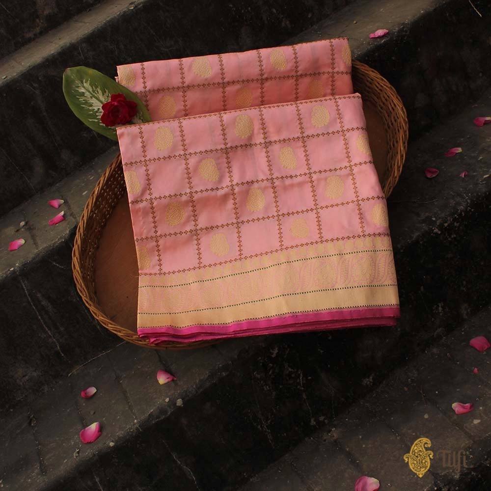 &#39;Ragini&#39; Cream-Light Pink Pure Katan Silk Banarasi Handloom Saree