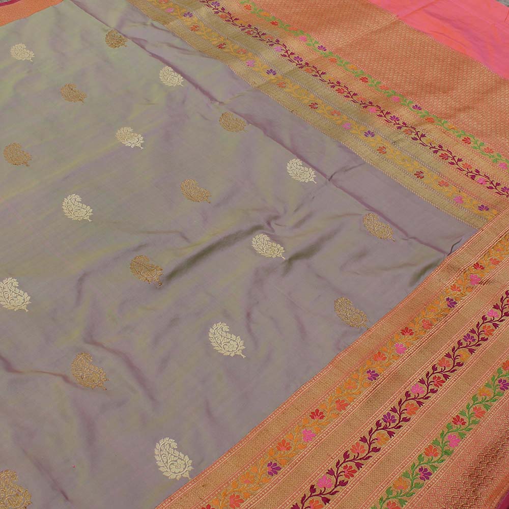 Green-Light Pink Pure Katan Silk Banarasi Handloom Saree
