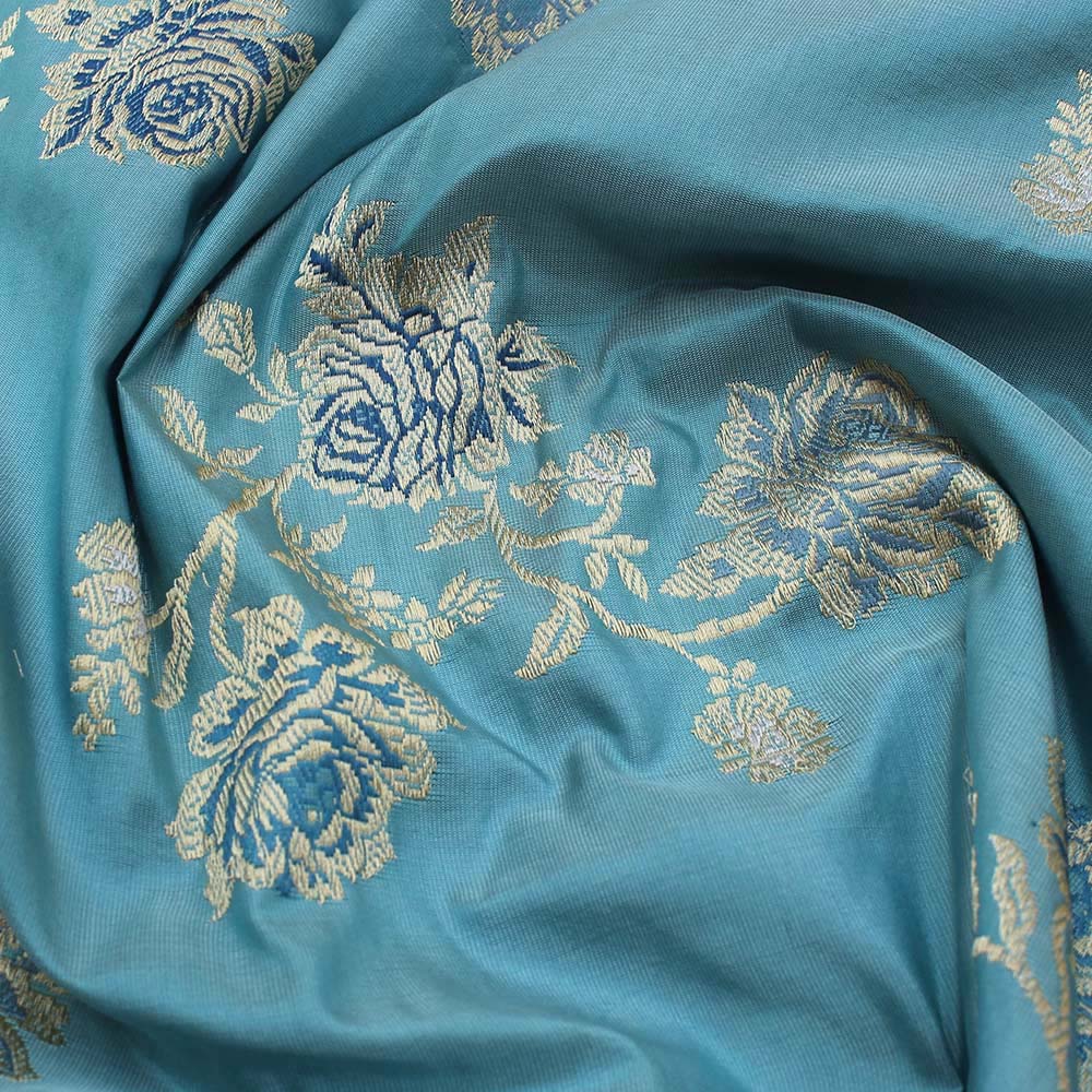 &#39;Zeenat&#39; Powder Blue Pure Katan Silk Banarasi Handloom Saree